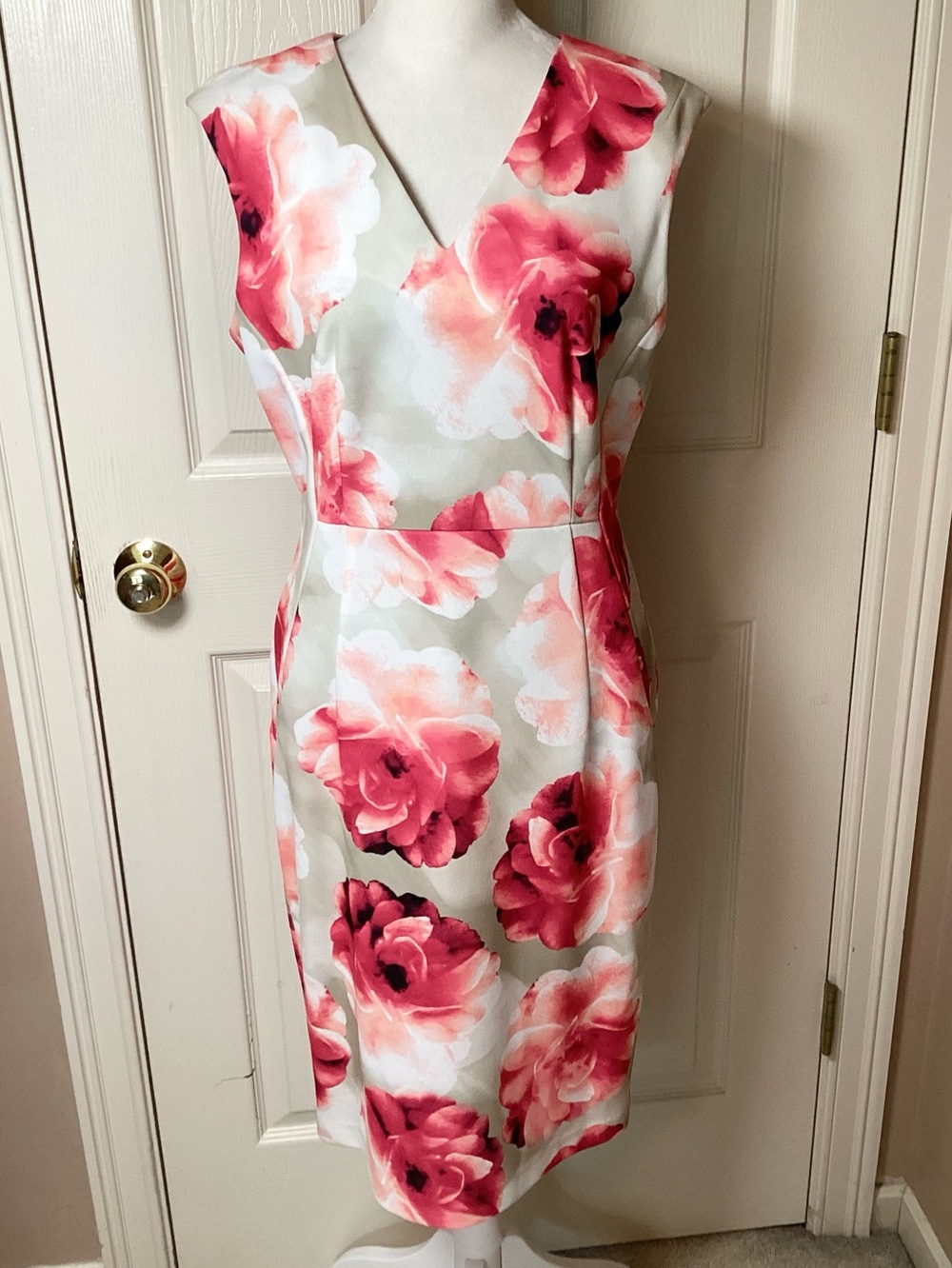 Calvin Klein Sleeveless Cream Sheath Dress with Pink Floral Print - Size 8